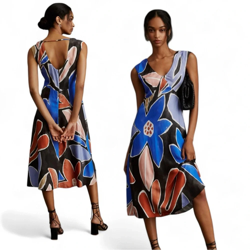By Anthropologie Painterly Floral Abstract Midi Dress Women’s 10 Blue Babydoll